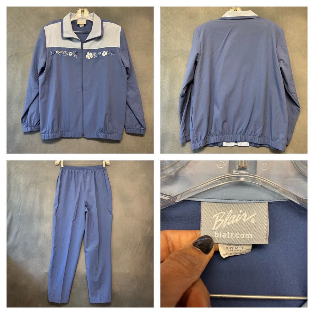 Blair Vintage Blue Floral Embroidered 2 Piece Tracksuit Set Medium Athleisure